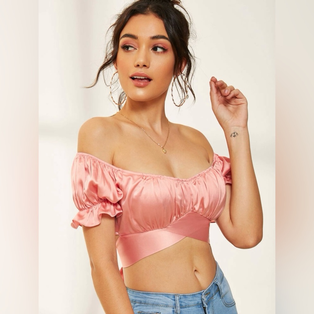 Ruffle Bardot Satin Crop Top